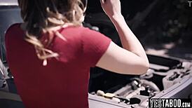 Stranded petite blonde milf hitches ride and hairy pussy pounded outdoors