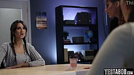 lesbian latina milf teacher seduces two petite redhead teen students for classroom threesome fuck