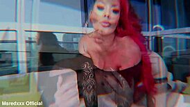 Busty redhead rips lingerie teasing huge tits big ass on public balcony