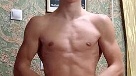 After school, the skinny flexible bodybuilder flexes his toned muscles in homemade amateur display for admirers.