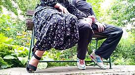 the mature chubby BBW MILF gives a sloppy handjob outdoors before taking huge cock deep