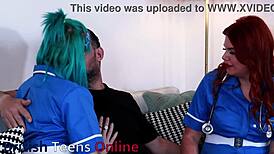 Two Sexy Nurses Rip Uniforms For Patient's Huge Cock Blowjob Cum Swallow And FFM Threesome Treatment!