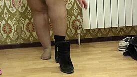 Curvy Milf Tries Shoes on Plump Legs in Pantyhose