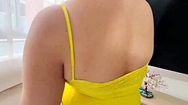 Colombian latina wife with giant cameltoe flashes huge pussy lips seducing lovers at home