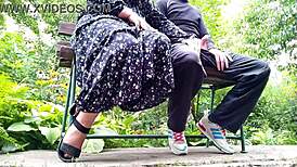 the mature chubby BBW MILF gives a sloppy handjob outdoors before taking huge cock deep