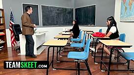 Risky teacher sneaks two asian students into classroom for uniform threesome fuck