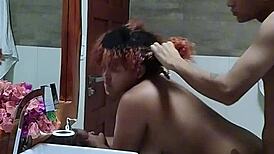 brazilian couple bangs passionately in bathroom ending with creamy mouth load