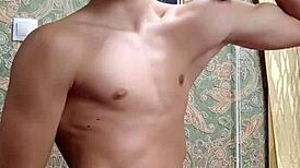 After school, the skinny flexible bodybuilder flexes his toned muscles in homemade amateur display for admirers.