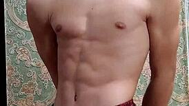 After school, the skinny flexible bodybuilder flexes his toned muscles in homemade amateur display for admirers.