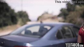 Stranded petite blonde milf hitches ride and hairy pussy pounded outdoors