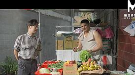 so this newlywed asian wife sneaks off to the toilet and rides the gruff veggie stall owner's cock behind her hubby's back