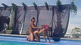 What happens when latina cousin skips swimsuit at outdoor pool?