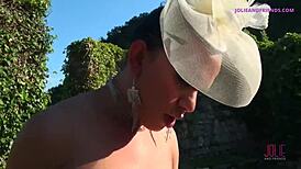 picture two lingerie shemales dominating a beta male ass in castle heels