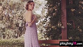 😍 glamorous russian blonde milf oksana chucha strips clothes outdoors showing natural shaved tits and pussy