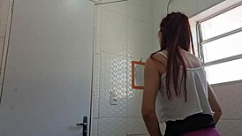 brunette big ass babe blows in public bathroom