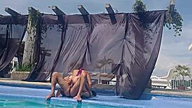 What happens when latina cousin skips swimsuit at outdoor pool?