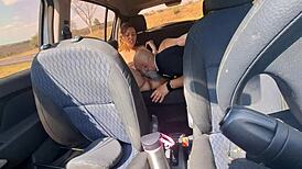 hey naked uber chick blows me then rides cock hard outside. she moans and cums swallowing load