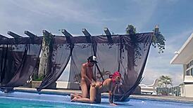 What happens when latina cousin skips swimsuit at outdoor pool?