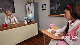 hot teacher catches step siblings fucking leading to steamy group detention threesome