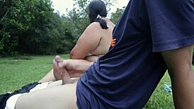 caught that dude jerking his huge cock in the forest park