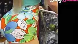 blonde pornstar shakes huge ass and tits in lingerie microskirt at market