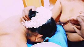 Indian aunty wife and husband deliver dirty telugu talk in threesome double blowjob action