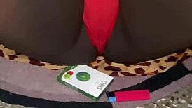 Red Thong Tease Voyeur Pornstar Fingers Trimmed Pussy in Bedroom