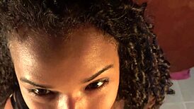 stepsis eyes widen at my shaved cock surprise, deepthroats balls-deep then swallows huge interracial facial cumshot!