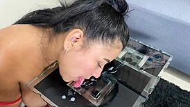 Nasty latina big tits brunette eats huge cum loads from pov handjob blowjob!