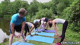 Clothed babes humiliate guy with outdoor dick sucking