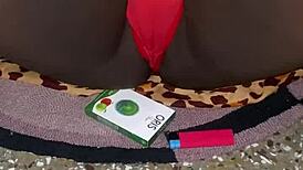 Red Thong Tease Voyeur Pornstar Fingers Trimmed Pussy in Bedroom