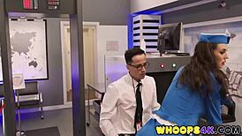 FLIGHT ATTENDANT FACES INTENSE DEEPTHROAT INSPECTION AT WORK!