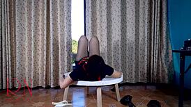 Think this nice lady's striptease shines in pantyhose heels around round table?