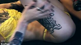 sexy latina cums hard sucking vibrator on pretty feet closeup