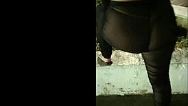 sexy wife flashes thong panties under see-through outfit on public walk