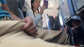 hey, watch her flash my cock on plane pov, handjob cums in two mins public crazy