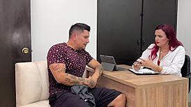 horny redhead milf doctor rides patient's cock with pierced nipples bouncing