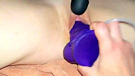 opening that new dildo promises double cum fun for juicy shaved milf wife