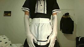 emotional asian sissy maid cosplay stockings glasses swallows every cumshot drop hungrily