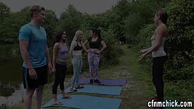 Clothed babes humiliate guy with outdoor dick sucking