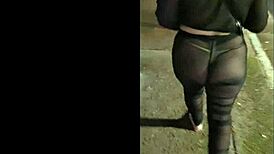 sexy wife flashes thong panties under see-through outfit on public walk
