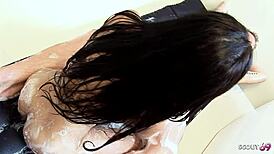 Skinny Thai tourist girl gets no-condom rough fuck at soap massage pool bath