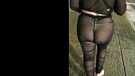 sexy wife flashes thong panties under see-through outfit on public walk