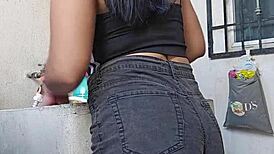 petite mexicana fucked hard in kitchen while washing clothes 🔥🍑