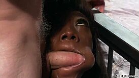 Strapped Ebony Endures Brutal Interracial Deepthroat