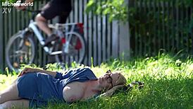 Slave's saggy natural tits downblouse tease ripped clothes public hiking bdsm exposure