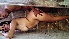 Shower steam hides the thrill as my bull pounds me standing, stretching every inch in forbidden heat