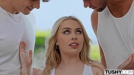 Tiny blonde Haley Spades gets her petite ass destroyed in crazy double penetration workout