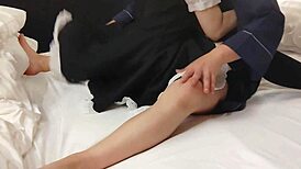 Amateur Japanese maid in lingerie shoves cock deep inside and creams on cosplay creampie