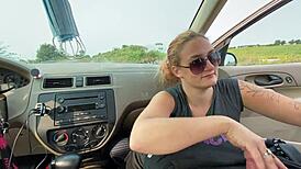 blonde with big tits gags on deepthroat blowjob right in the car damn!